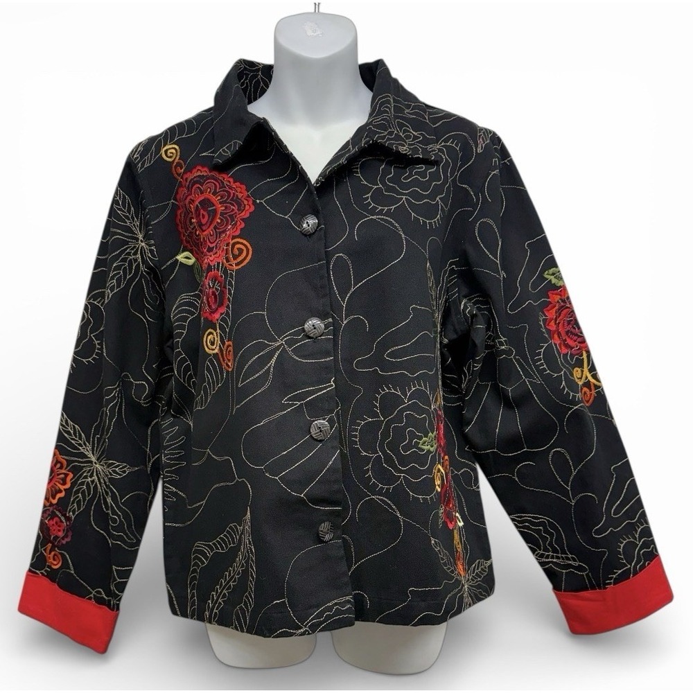 Vtg Classic Elements Jacket Embroidered Black Floral Women's Size L